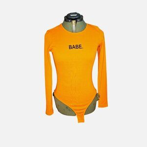 Woman's minimalist tangerine/orange ribbed bodycon shapewear bodysuit S M